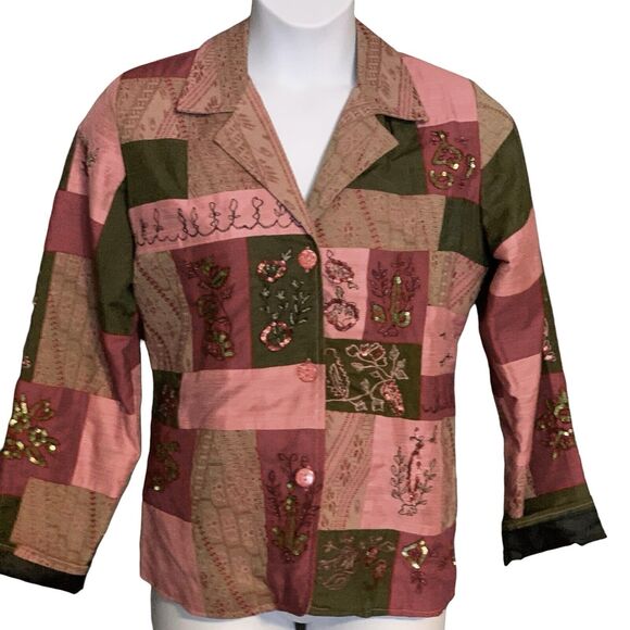 Alex Kim Patchwork Blazer Jacket Sz Large Tapestry Sequins Cottage Hipster - Picture 1 of 7